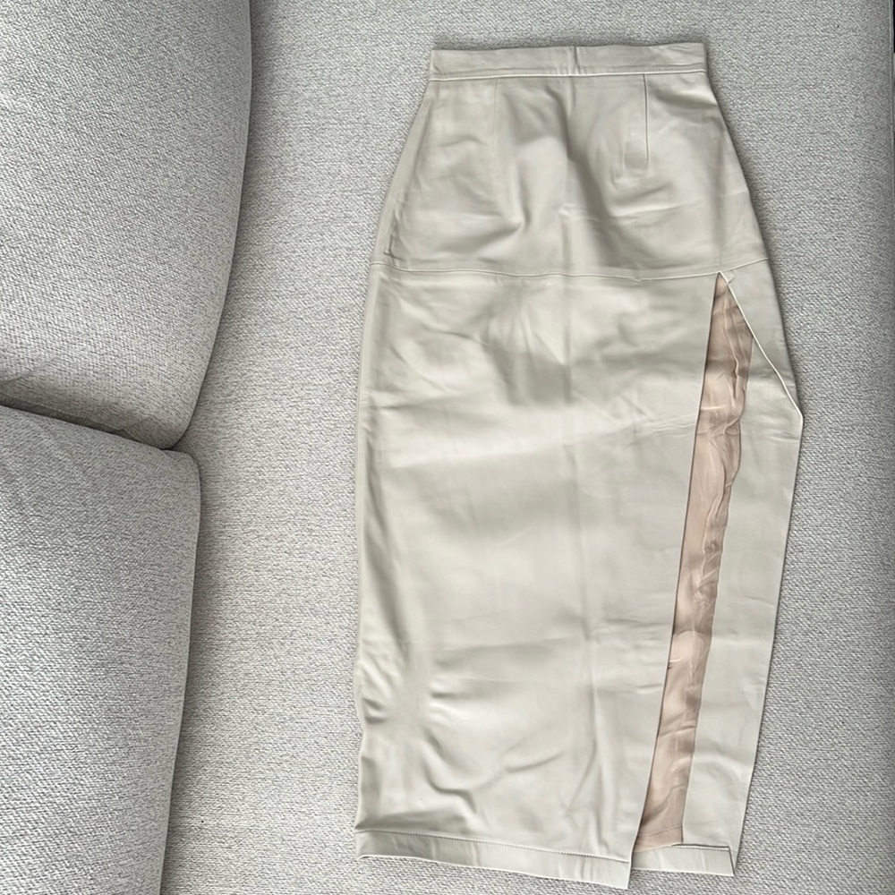 Tan/Cream Leather high waisted pencil skirt with slit